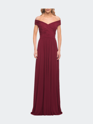 Off the Shoulder Net Jersey Long Dress with Ruching - Wine