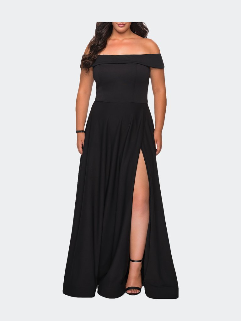 Off The Shoulder Plus Size Dress With Leg Slit - Black