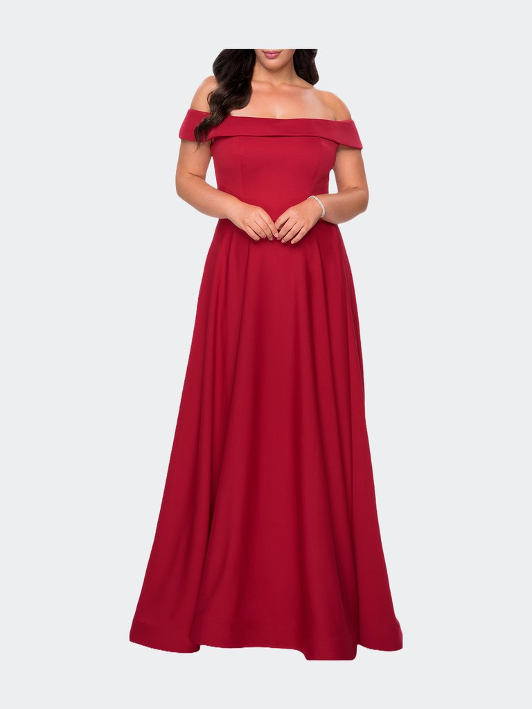 Off The Shoulder Plus Size Dress With Leg Slit - Red