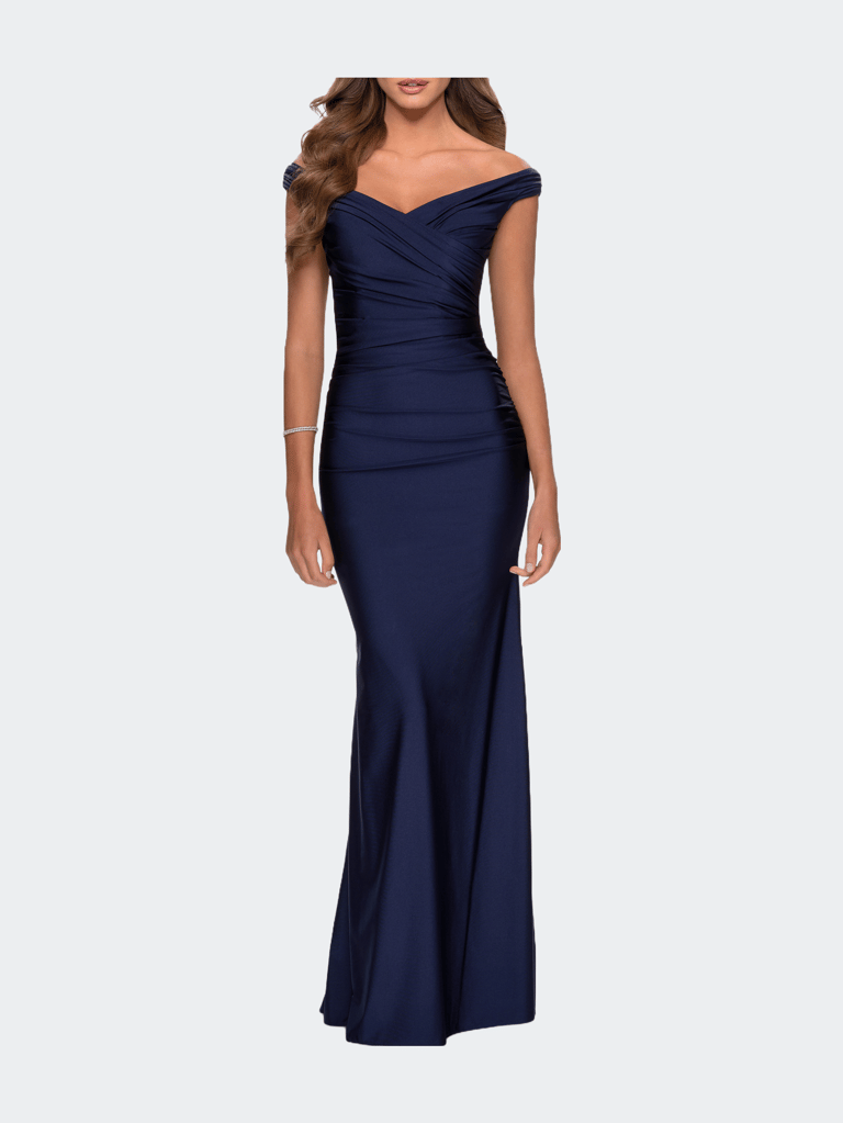 Off the Shoulder Prom Dress With Sweetheart Neckline - Navy