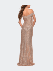 Off the Shoulder Ruched Sequin Dress with Slit