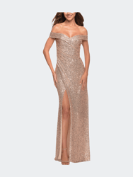 Off the Shoulder Ruched Sequin Dress with Slit