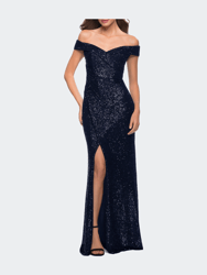 Off the Shoulder Ruched Sequin Dress with Slit - Navy