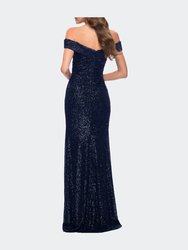 Off the Shoulder Ruched Sequin Dress with Slit