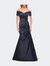 Off the Shoulder Satin and Lace Mermaid Pleated Gown - Navy