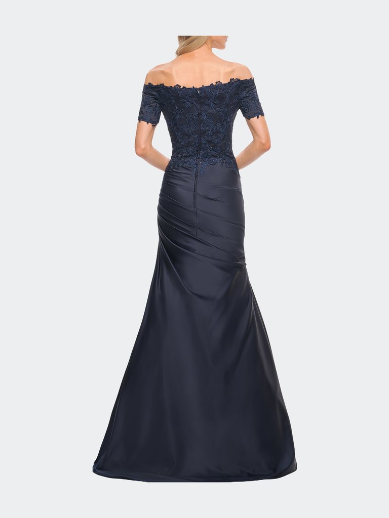 Off the Shoulder Satin and Lace Mermaid Pleated Gown