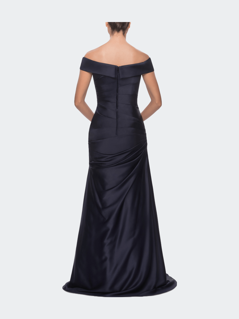 Off the Shoulder Satin Evening Dress with Pleating