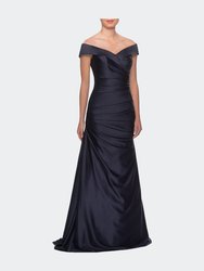 Off the Shoulder Satin Evening Dress with Pleating - Navy