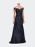 Off the Shoulder Satin Evening Dress with Pleating - Navy