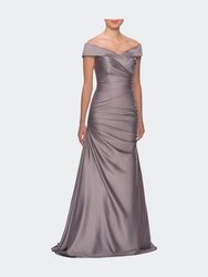 Off the Shoulder Satin Evening Dress with Pleating - Platinum