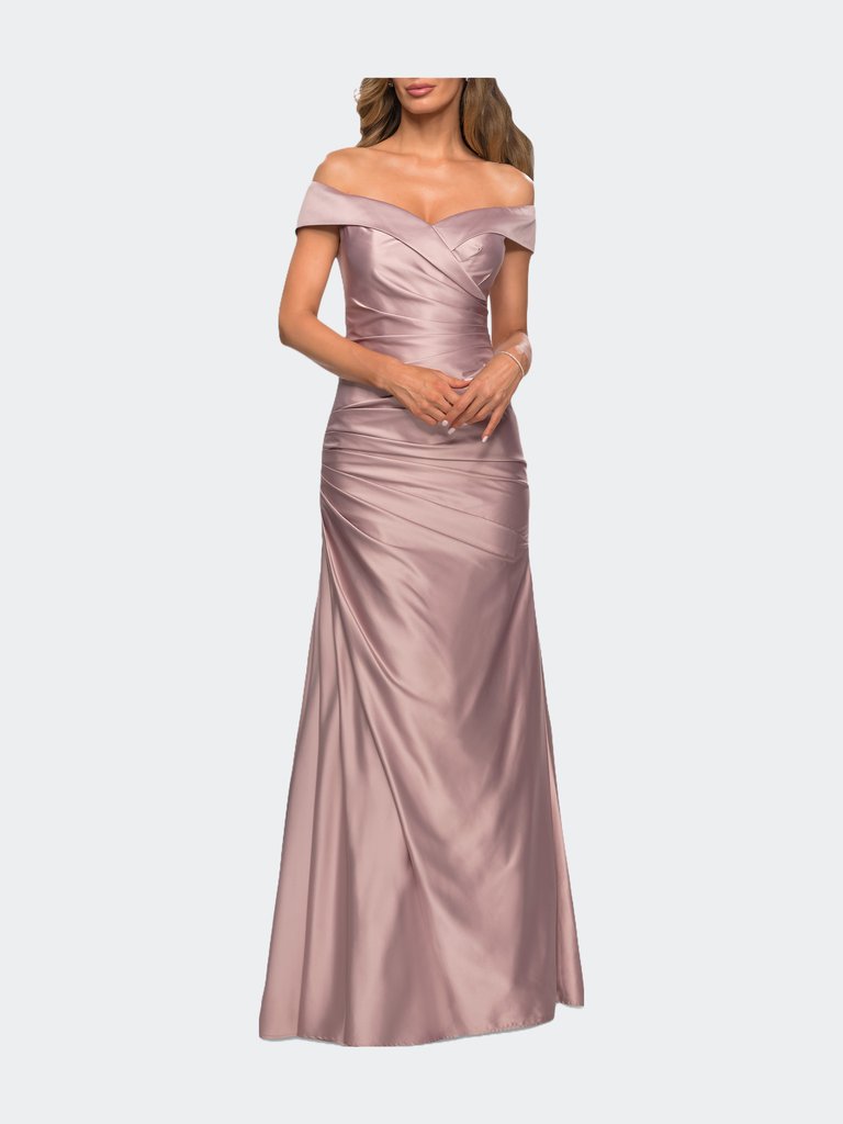 Off the Shoulder Satin Evening Dress with Pleating