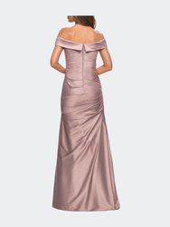 Off the Shoulder Satin Evening Dress with Pleating