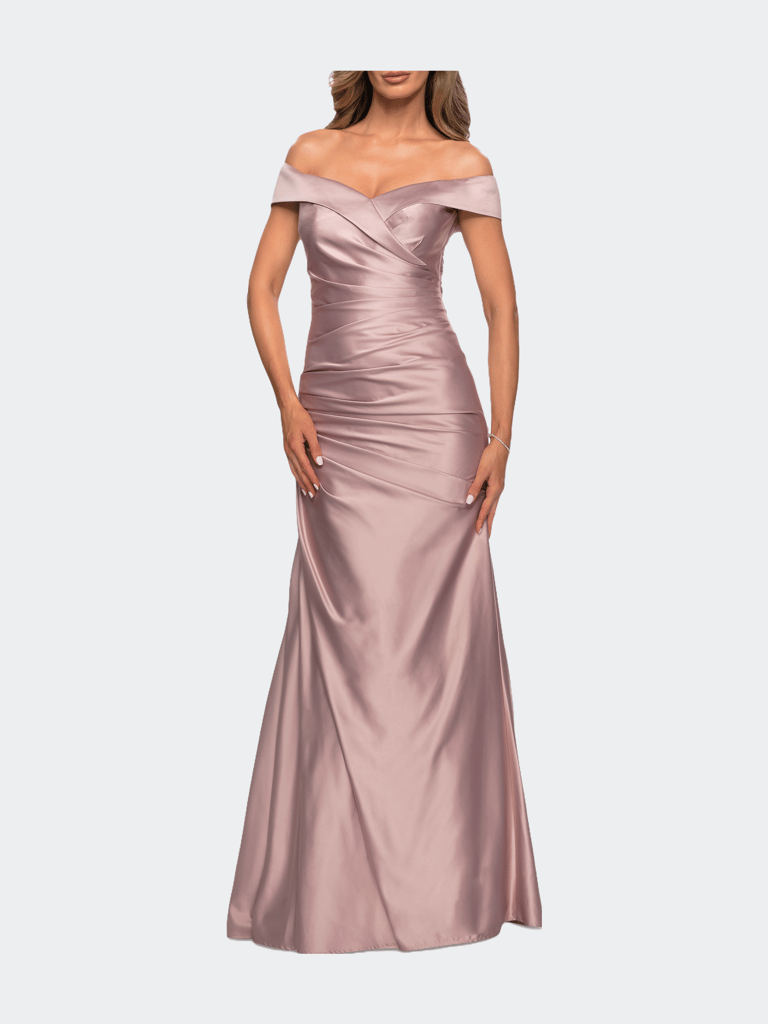 Off the Shoulder Satin Evening Dress with Pleating - Champagne