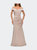 Off the Shoulder Satin Evening Gown with Ruching - Champagne