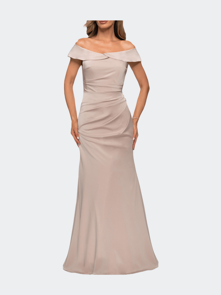 Off the Shoulder Satin Evening Gown with Ruching - Champagne