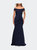 Off the Shoulder Satin Evening Gown with Ruching - Navy