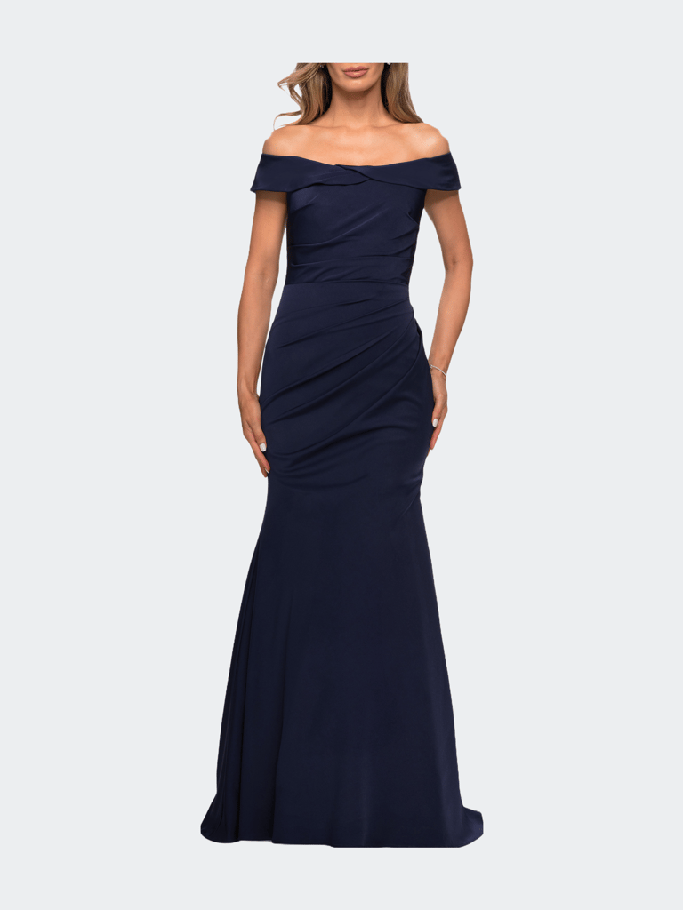 Off the Shoulder Satin Evening Gown with Ruching - Navy