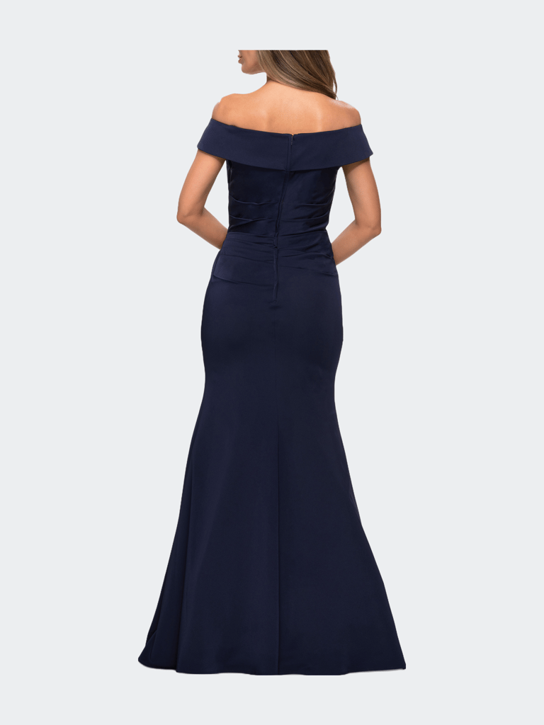 Off the Shoulder Satin Evening Gown with Ruching
