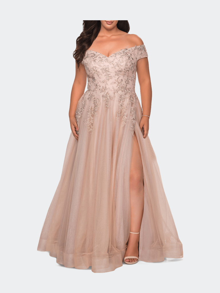 Off The Shoulder Tulle Plus Size Gown with Lace - Champagne