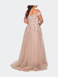 Off The Shoulder Tulle Plus Size Gown with Lace