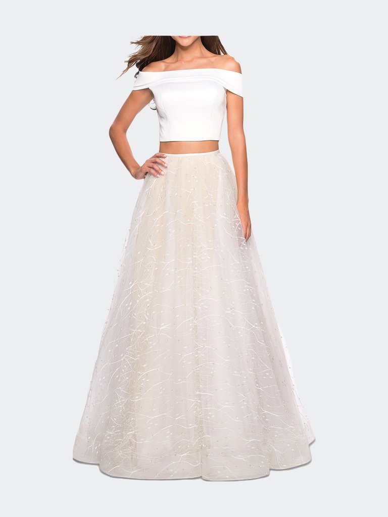 Off the Shoulder Two Piece Dress with Textured Skirt - White