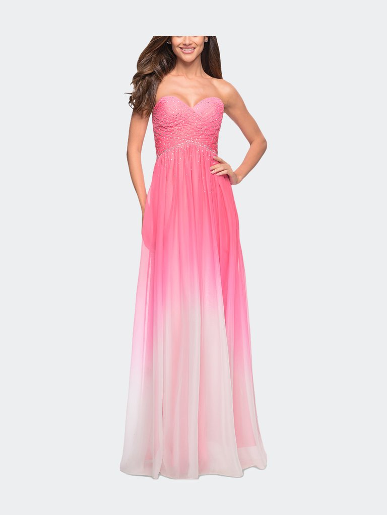 Ombre Chiffon Prom Dress With Criss Cross Pleating - Electric Pink