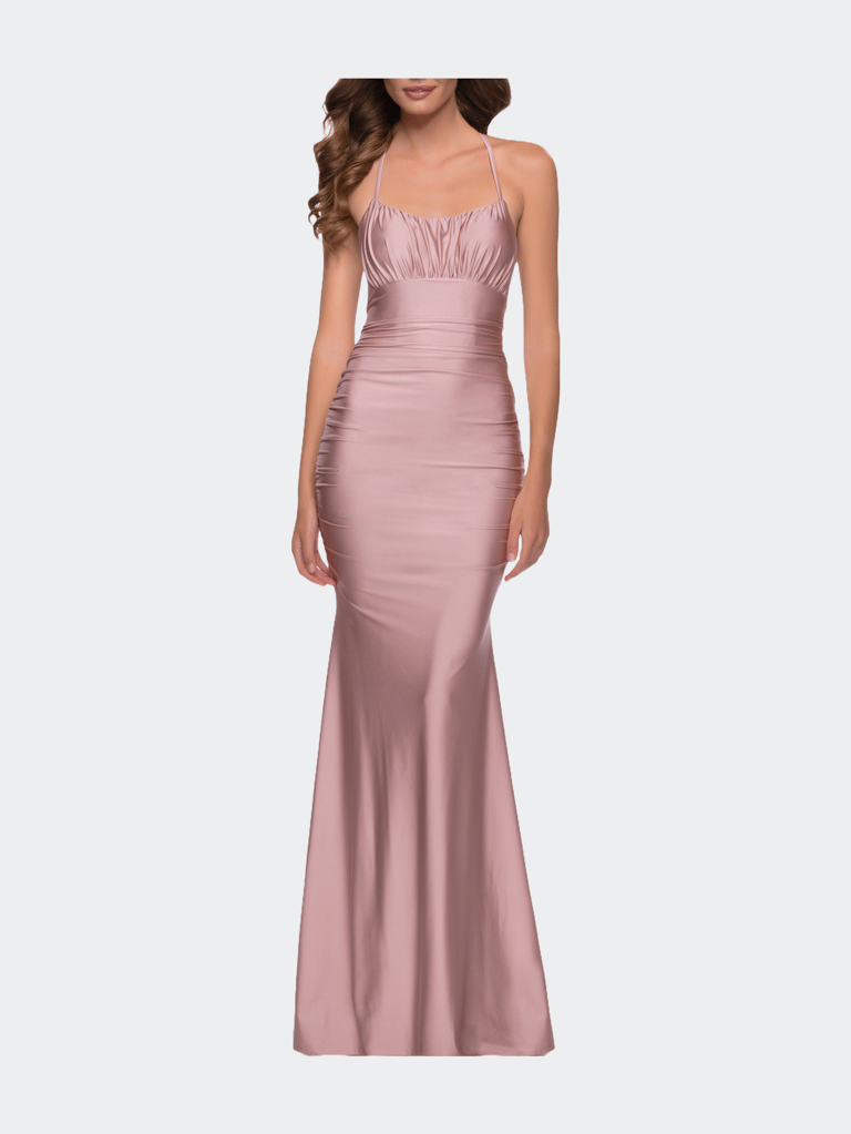 On Trend Jersey Long Dress with Ruching on Bodice - Mauve