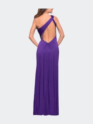 One Shoulder Jersey Gown with Slit and Open Back