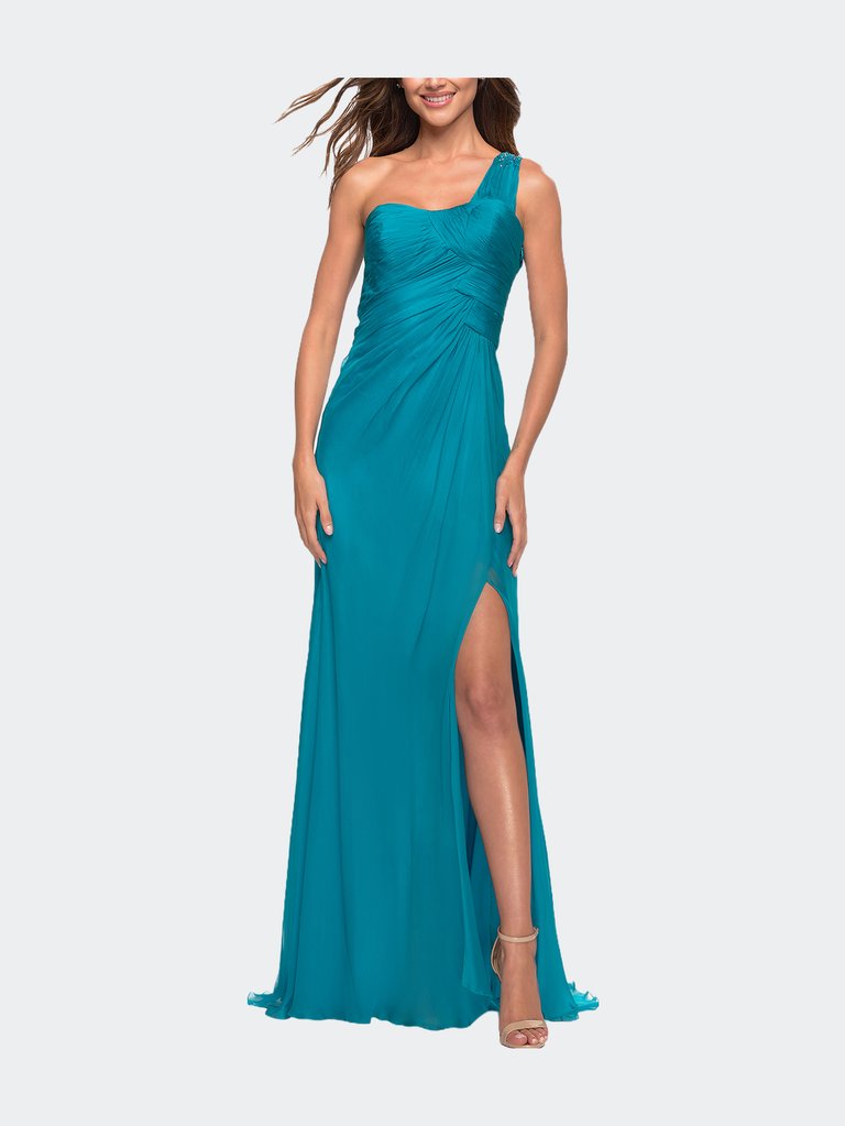 One Shoulder Long Dress with Slit and Rhinestone Detail - Turquoise