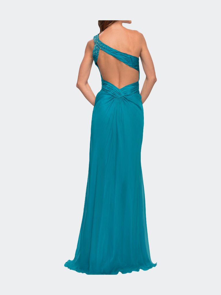 One Shoulder Long Dress with Slit and Rhinestone Detail