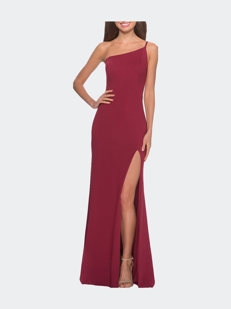 One Shoulder Long Jersey Homecoming Dress - Burgundy