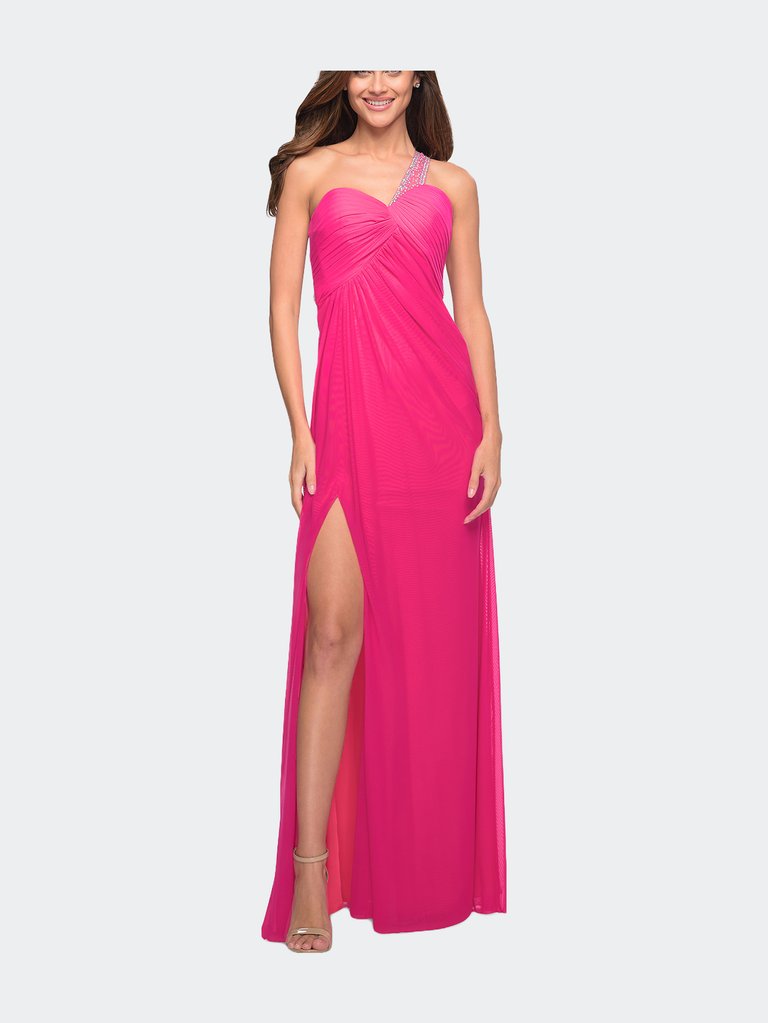 One Shoulder Prom Gown with Gathered Bodice and Stones - Neon Pink
