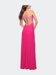 One Shoulder Prom Gown with Gathered Bodice and Stones