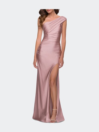 La Femme One Shoulder Shiny Ruched Jersey Dress with Slit product