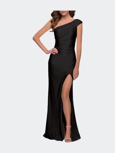 La Femme One Shoulder Shiny Ruched Jersey Dress with Slit product