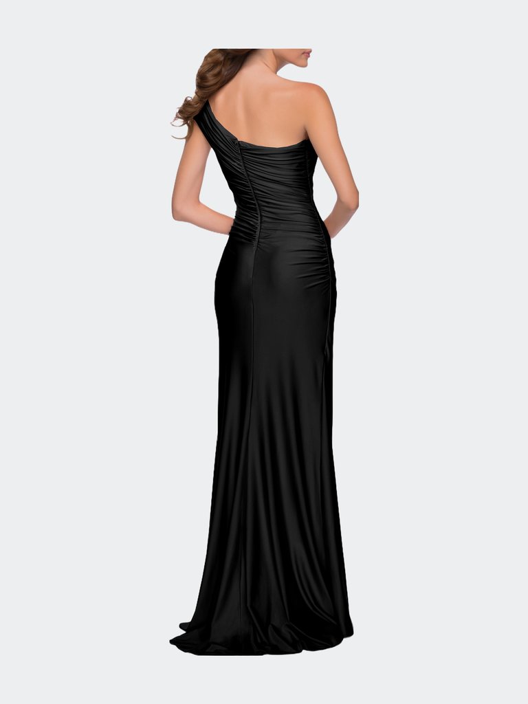 One Shoulder Shiny Ruched Jersey Dress with Slit