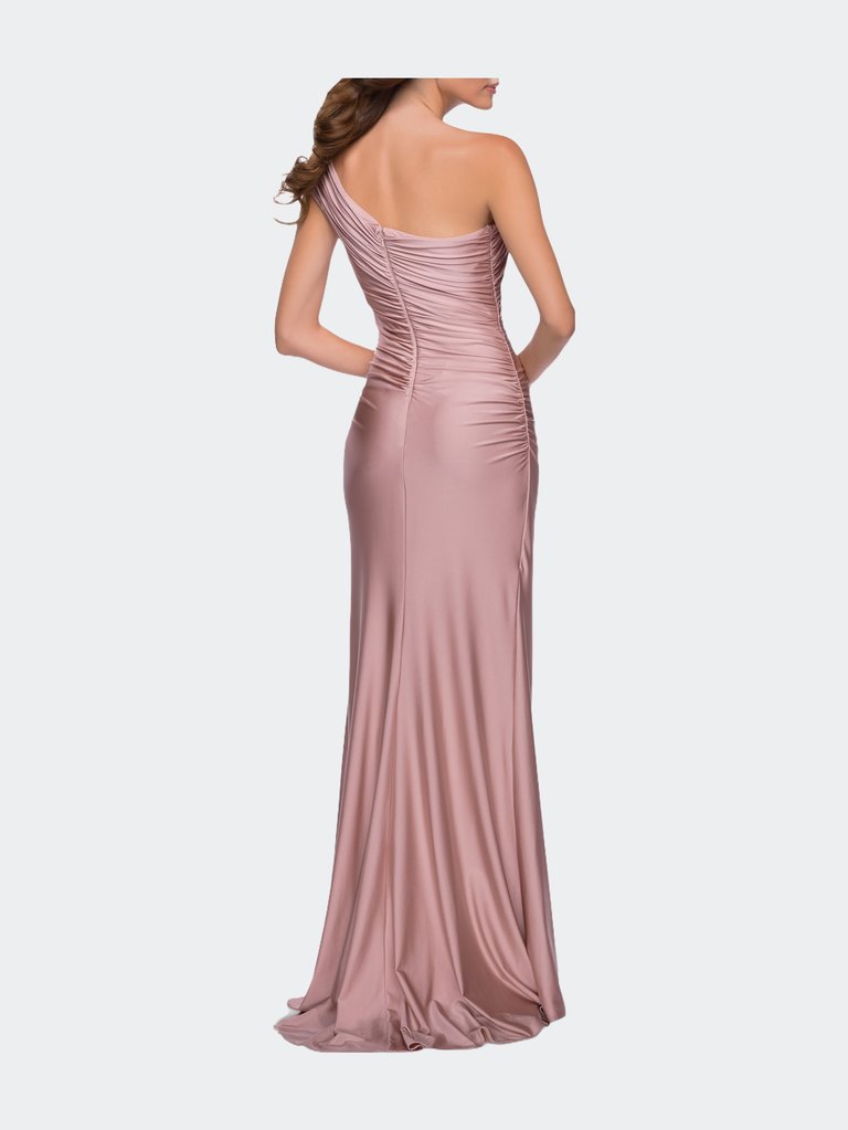 One Shoulder Shiny Ruched Jersey Dress with Slit