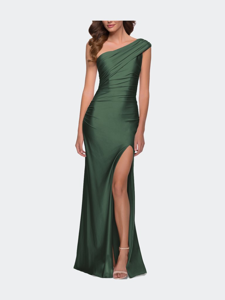 One Shoulder Shiny Ruched Jersey Gown With Slit - Emerald