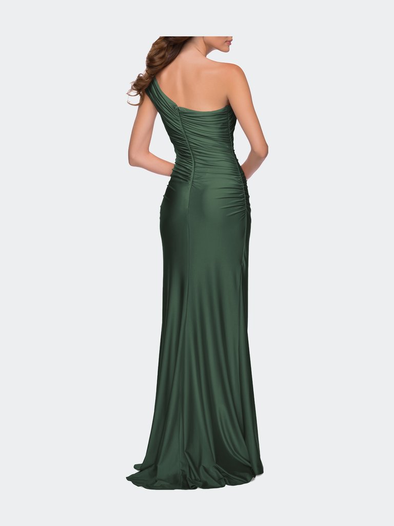 One Shoulder Shiny Ruched Jersey Gown With Slit