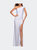 One Shoulder Shiny Ruched Jersey Gown With Slit - White