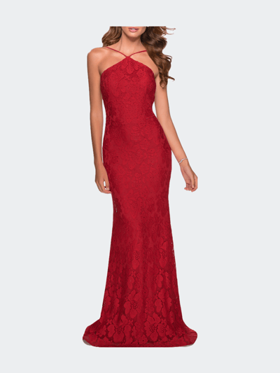 La Femme Open Back Lace Prom Dress with High Neckline product