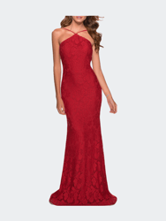 Open Back Lace Prom Dress with High Neckline - Red