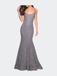 Open Back Stretch Lace Long Prom Dress - Gunmetal