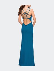 Open Strappy Back Long Prom Dress with Deep V Neckline