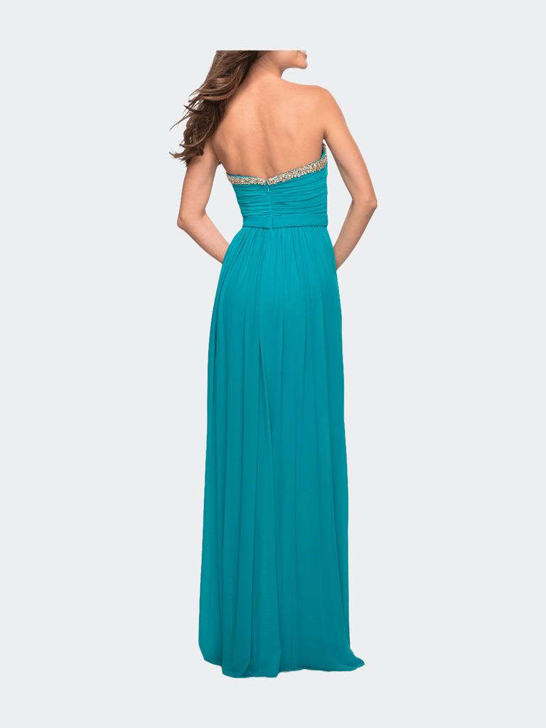 Pleated Bodice Net Jersey Long Prom Gown