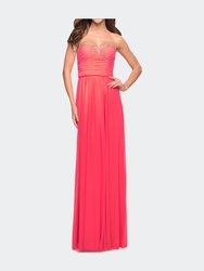 Pleated Bodice Net Jersey Long Prom Gown - Pink Grapefruit