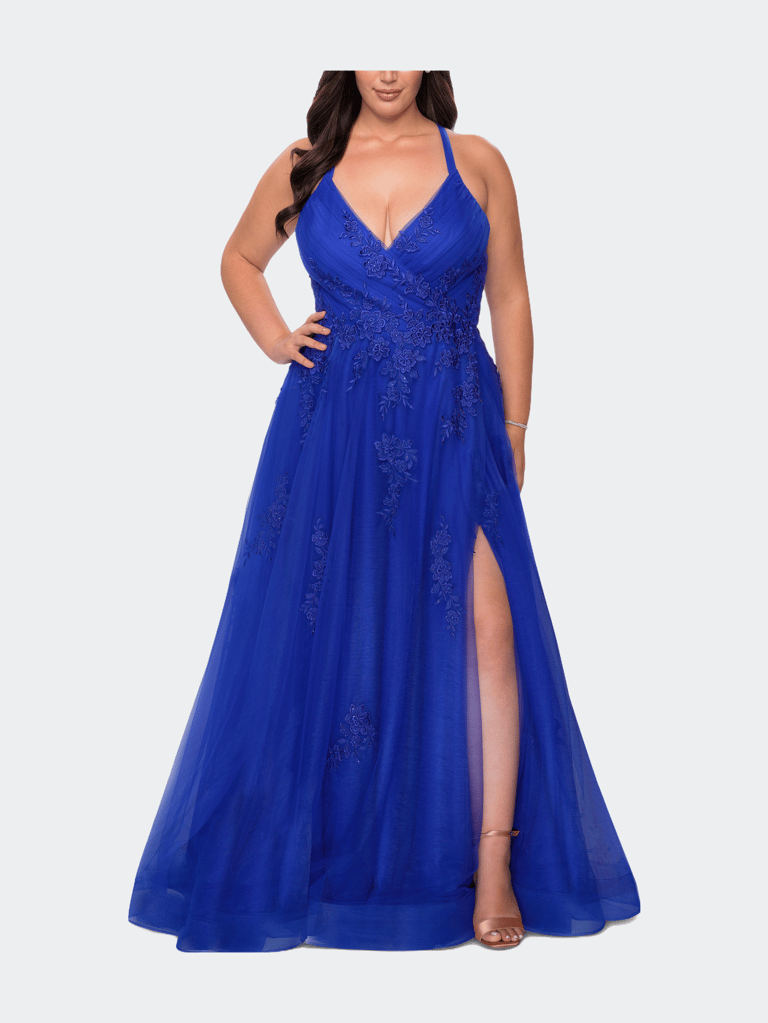Plus Size A-line Tulle Dress with Floral Detailing - Royal Blue