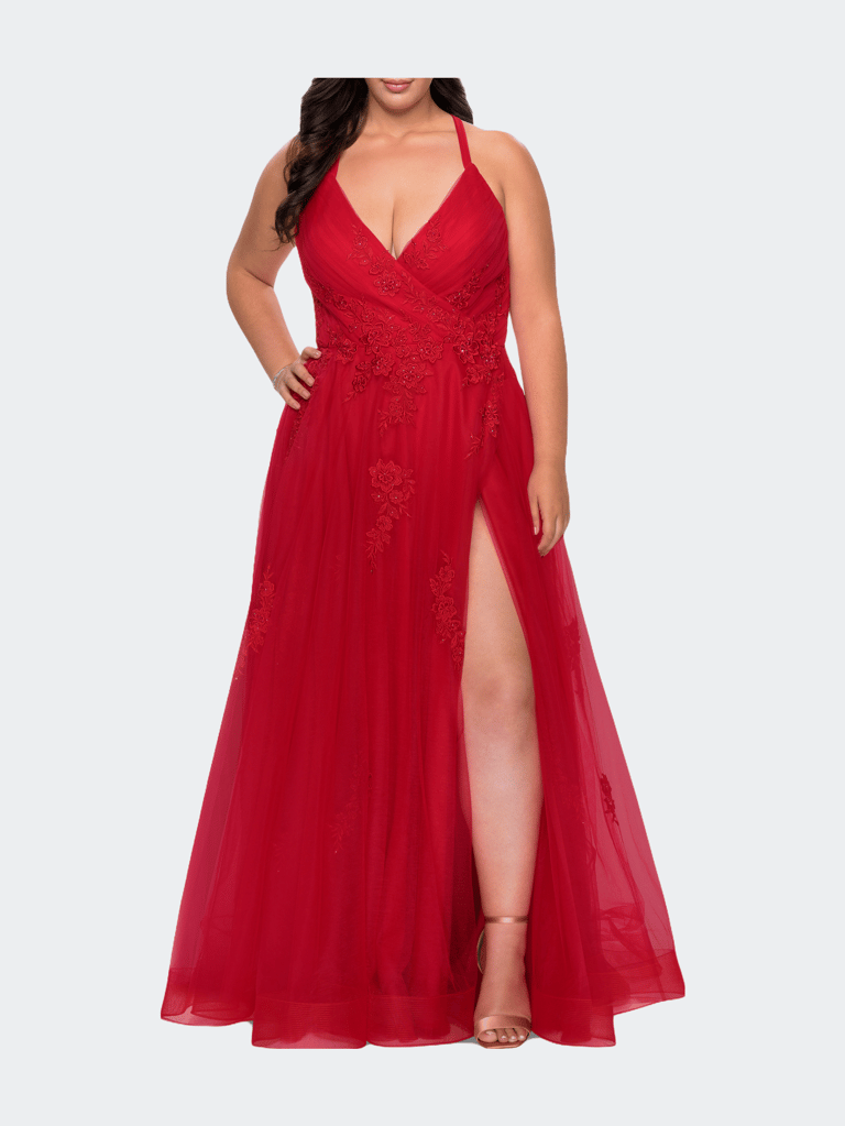Plus Size A-line Tulle Dress with Floral Detailing - Red