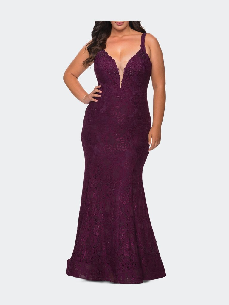 Plus SIze Dress Lace Fitted Long Gown - Dark Berry