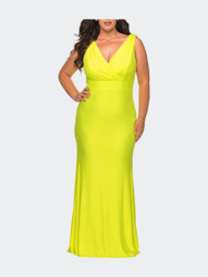 Plus Size Jersey Dress with Faux Wrap Bodice - Neon Yellow